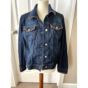 Liz Claiborne Women's Button Up Denim Jacket with Brown Accents - Size L